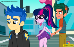 Size: 6112x3904 | Tagged: safe, artist:conikiblasu-fan, flash sentry, sci-twi, timber spruce, twilight sparkle, equestria girls, equestria girls series, absurd resolution, blushing, breasts, clothes, distracted boyfriend meme, female, flashlight, geode of telekinesis, glasses, headlight sparkle, looking back, male, meme, ponytail, role reversal, sciflash, shipping, skirt, skirt lift, smiling, straight, thighs, timberbuse, timbertwi