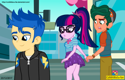 Size: 6112x3904 | Tagged: safe, artist:conikiblasu-fan, flash sentry, sci-twi, timber spruce, twilight sparkle, better together, equestria girls, absurd resolution, blushing, breasts, clothes, distracted boyfriend meme, female, flashlight, geode of telekinesis, glasses, headlight sparkle, looking back, male, meme, ponytail, role reversal, sciflash, shipping, skirt, skirt lift, smiling, straight, thighs, timberbuse, timbertwi