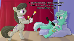 Size: 1400x788 | Tagged: safe, artist:rocketknightgeek, lyra heartstrings, octavia melody, earth pony, pony, artifact, beanbag chair, bipedal, dialogue, electric guitar, guitar, violin