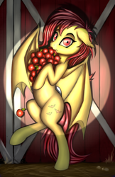 Size: 1506x2325 | Tagged: safe, artist:lightly-san, fluttershy, bat pony, pony, apple, barn, bat wings, bipedal, caught, female, flutterbat, food, fruit, hoof hold, looking at you, mare, race swap, red eyes, solo, spotlight, stealing, surprised