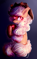 Size: 643x1009 | Tagged: safe, artist:flinrich, applejack, bat pony, pony, apple, applebat, bat ponified, cowboy hat, fangs, female, fluffy, food, fruit, hat, race swap, red eyes, sitting, solo, species swap, stetson