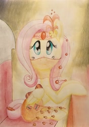 Size: 2606x3693 | Tagged: safe, artist:gracefulart693, fluttershy, pegasus, pony, clothes, fanfic, fanfic art, female, folded wings, head turn, headdress, jewelry, looking at you, looking up, mare, see-through, sitting, solo, the mare who became queen, traditional art, veil