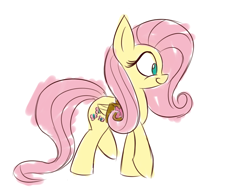 Size: 900x700 | Tagged: safe, artist:heir-of-rick, fluttershy, pegasus, pony, female, folded wings, mare, profile, saddle bag, simple background, smiling, solo, walking, white background