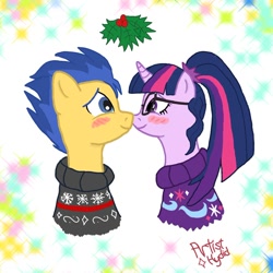 Size: 1000x1001 | Tagged: safe, artist:artisthydid, flash sentry, sci-twi, twilight sparkle, pony, unicorn, clothes, equestria girls ponified, female, flashlight, glasses, holly, holly mistaken for mistletoe, imminent kissing, looking at each other, male, sciflash, shipping, straight, sweater, unicorn sci-twi