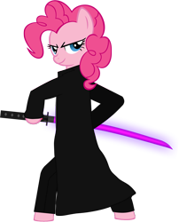 Size: 1350x1669 | Tagged: safe, artist:darkaluminum, pinkie pie, earth pony, pony, bipedal, clothes, katana, simple background, solo, sword, transparent background, trenchcoat, weapon