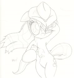 Size: 2420x2549 | Tagged: safe, artist:ethereal-desired, applejack, earth pony, pony, armpits, bipedal, glass, hat, high res, monochrome, solo, traditional art, windswept mane