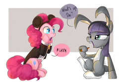 Size: 1440x950 | Tagged: safe, artist:emositecc, maud pie, pinkie pie, earth pony, pony, animal costume, bugs bunny, bunny costume, carrot, clothes, cosplay, costume, cuffs (clothes), dialogue, female, food, mare, mickey mouse, pie sisters, siblings, simple background, sisters, speech bubble, transparent background