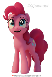 Size: 1384x2048 | Tagged: safe, artist:therealdjthed, pinkie pie, earth pony, pony, 3d, 3d model, blender, cute, cycles, cycles render, female, happy, looking up, mare, model:djthed, patreon, patreon logo, simple background, smiling, solo, transparent background