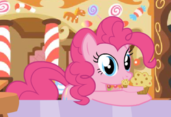 Size: 485x332 | Tagged: safe, artist:twitchy-tremor, pinkie pie, earth pony, pony, animation error, food, muffin, solo, sugarcube corner