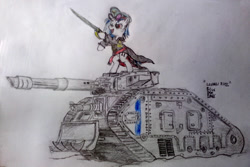 Size: 1024x684 | Tagged: safe, artist:blueboxdave, dj pon-3, vinyl scratch, pony, unicorn, commissar, drive me closer, imperial guard, lascannon, leman russ, leman russ vanquisher, power sword, sword, tank (vehicle), warhammer (game), warhammer 40k