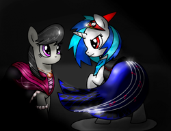 Size: 1284x988 | Tagged: safe, artist:unitoone, dj pon-3, octavia melody, vinyl scratch, earth pony, pony, allegrezza, clothes, dress, fanfic art, gala dress