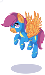 Size: 909x1500 | Tagged: safe, artist:shiarr, scootaloo, pegasus, pony, flying, scootaloo can fly, simple background, solo, white background, wonderbolt scootaloo, wonderbolts uniform