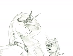 Size: 1400x1081 | Tagged: safe, artist:baron engel, princess celestia, oc, oc:steady pulse, alicorn, pony, unicorn, duo, female, glasses, male, mare, monochrome, pencil drawing, stallion, story included, traditional art