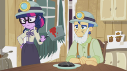 Size: 1272x716 | Tagged: safe, screencap, flash sentry, sci-twi, twilight sparkle, better together, equestria girls, opening night, clothes, costume, fake beard, flash sentry is not amused, hard hat, helmet, makeup, mining helmet, pot, school play, twilight is not amused, unamused