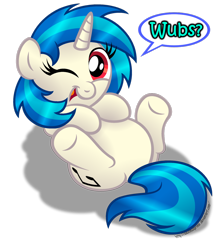 Size: 1280x1434 | Tagged: safe, artist:aleximusprime, dj pon-3, vinyl scratch, pony, unicorn, on back, simple background, solo, speech bubble, transparent background, underhoof, wink, wub