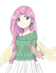 Size: 839x1084 | Tagged: safe, artist:windymils, fluttershy, human, clothes, ear piercing, earring, humanized, jewelry, piercing, simple background, skirt, solo, sweater, sweatershy, white background, wings