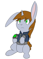 Size: 2021x2779 | Tagged: safe, artist:erthilo, oc, oc only, oc:littlepip, rabbit, fallout equestria, clothes, fanfic, fanfic art, female, horn, pipbuck, simple background, solo, species swap, vault suit, white background