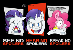 Size: 2338x1620 | Tagged: safe, artist:branewashpv, pinkie pie, rarity, earth pony, pony, unicorn, abuse, bust, comic, crying, dialogue, female, looking at you, mare, no spoilers, open mouth, pinkiebuse, signature, slap, slapping, three wise monkeys, underhoof