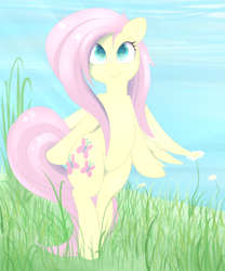 Size: 1024x1229 | Tagged: safe, artist:posionjoke, fluttershy, pegasus, pony, bipedal, cute, female, grass, mare, shyabetes, smiling, solo, wings