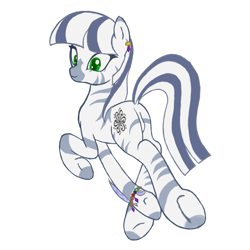 Size: 1400x1400 | Tagged: safe, artist:lemon, oc, oc only, oc:kliana, zebra, bracelet, cute, dock, ear piercing, earring, featureless crotch, jewelry, looking back, piercing, plot, quadrupedal, simple background, smiling, solo, trotting, underhoof, white background, zebra oc