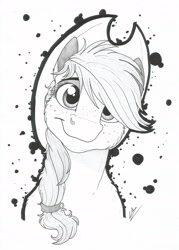 Size: 2342x3269 | Tagged: safe, artist:lupiarts, applejack, earth pony, pony, cheek fluff, cowboy hat, cute, female, hat, jackabetes, looking at you, mare, monochrome, simple background, smiling, solo, stetson, traditional art