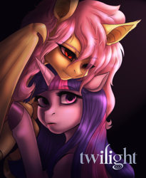 Size: 2700x3300 | Tagged: safe, artist:jitterbugjive, derpibooru import, fluttershy, twilight sparkle, female, flutterbat, lesbian, namesake, pun, shipping, twilight (series), twishy