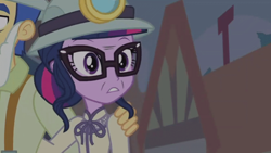 Size: 788x443 | Tagged: safe, screencap, flash sentry, sci-twi, twilight sparkle, better together, equestria girls, opening night, opening night: twilight sparkle, facial hair, fake beard, glasses, hard hat, makeup, male, shipping fuel, wrinkles