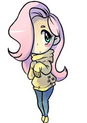 Size: 1024x1448 | Tagged: safe, artist:laceysdraws, fluttershy, human, blush sticker, blushing, chibi, clothes, cutie mark clothes, hair over one eye, humanized, long sleeves, looking away, looking sideways, simple background, solo, sweater, sweatershy, transparent background, turtleneck, watermark