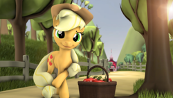 Size: 2560x1440 | Tagged: safe, artist:redaceofspades, applejack, earth pony, pony, 3d, apple, apple tree, basket, crossed legs, fence, food, lens flare, looking at you, poster, solo, source filmmaker, sweet apple acres, tree