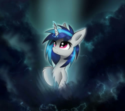 Size: 1317x1172 | Tagged: safe, artist:irigulus, dj pon-3, vinyl scratch, pony, unicorn, cloud, cloudy, dark, magic, solo