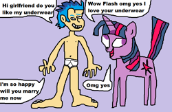 Size: 825x538 | Tagged: safe, flash sentry, twilight sparkle, pony, unicorn, equestria girls, 1000 hours in ms paint, clothes, derp, dialogue, female, flashlight, grin, human flash sentry x pony twilight, interspecies, male, mare, open mouth, purple background, shipping, simple background, smiling, speech bubble, straight, tighty whities, underwear, wat