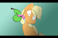 Size: 1600x1035 | Tagged: safe, artist:torusthescribe, applejack, earth pony, pony, biting pear of salamanca, food, licking, pear, tongue out, wat