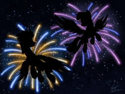 Size: 2730x2048 | Tagged: safe, artist:nightpaint12, flash sentry, twilight sparkle, twilight sparkle (alicorn), alicorn, pegasus, pony, female, fireworks, flashlight, flying, happy new year, holiday, looking back, male, mare, night, shipping, silhouette, stallion, straight