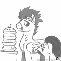 Size: 800x800 | Tagged: safe, artist:johnjoseco, soarin', grayscale, monochrome, pie, solo, that pony sure does love pies, this will end in weight gain