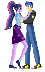 Size: 1173x1894 | Tagged: safe, artist:nekohybrid, flash sentry, sci-twi, twilight sparkle, equestria girls, equestria girls series, blushing, clothes, converse, female, flashlight, geode of telekinesis, glasses, hoodie, jacket, looking at each other, magical geodes, male, pants, ponytail, sciflash, shipping, shoes, simple background, skirt, socks, straight, transparent background