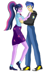 Size: 1173x1894 | Tagged: safe, artist:nekohybrid, flash sentry, sci-twi, twilight sparkle, better together, equestria girls, blushing, clothes, converse, female, flashlight, geode of telekinesis, glasses, hoodie, jacket, looking at each other, magical geodes, male, pants, ponytail, sciflash, shipping, shoes, simple background, skirt, socks, straight, transparent background