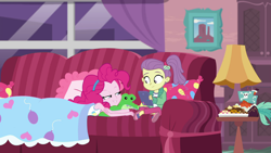 Size: 1920x1080 | Tagged: safe, screencap, lily pad (equestria girls), pinkie pie, better together, equestria girls, pinkie sitting, clothes, duo, duo female, female, hairband, jacket, magical geodes, out of context, pants, side ponytail, smiling, sofa, young