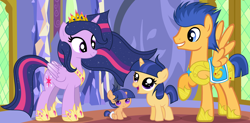 Size: 8224x4032 | Tagged: safe, artist:velveagicsentryyt, flash sentry, twilight sparkle, twilight sparkle (alicorn), oc, oc:starry weapon, oc:velvet sentry, alicorn, pony, unicorn, absurd resolution, armor, baby, baby pony, crown, female, filly, flashlight, jewelry, male, offspring, parent:flash sentry, parent:twilight sparkle, parents:flashlight, regalia, shipping, straight