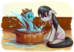 Size: 800x566 | Tagged: safe, artist:yulyeen, octavia melody, changeling, earth pony, hybrid, nymph, pony, backwards cutie mark, bath, foal, water, wet