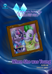 Size: 1024x1448 | Tagged: safe, artist:pia-sama, derpibooru import, spike, twilight sparkle, anthro, comic:rogue diamond, bitcoin, book, comic cover, picture, picture frame, selfie, water, younger