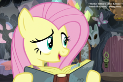 Size: 1080x720 | Tagged: safe, edit, edited screencap, screencap, fluttershy, pegasus, pony, a health of information, book, cordwainer smith, cropped, fs doesn't know what she's getting into, mask, mother hitton's littul kittons, reading, the instrumentality of mankind, this will end in tears, zecora's hut