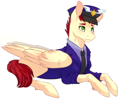 Size: 900x744 | Tagged: safe, artist:risu-nya, care package, special delivery, pegasus, pony, clothes, mailpony, male, necktie, prone, simple background, solo, stallion, uniform, white background