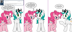 Size: 1808x800 | Tagged: safe, artist:dekomaru, pinkie pie, oc, oc:dazzle, earth pony, pony, ask, blushing, comic, male, stallion, tumblr, tumblr:ask twixie