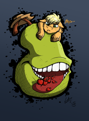 Size: 1596x2165 | Tagged: safe, artist:lupiarts, artist:snoopystallion, applejack, earth pony, pony, collaboration, apple, biting pear of salamanca, cowboy hat, floppy ears, food, hat, pear, stetson, teeth, tongue out