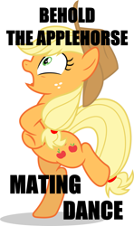 Size: 687x1163 | Tagged: safe, applejack, earth pony, pony, behaving like a bird, behaving like a chicken, image macro, majestic as fuck, mating dance, meme, silly, silly pony, who's a silly pony