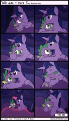 Size: 1042x1829 | Tagged: safe, artist:dsana, derpibooru import, spike, twilight sparkle, twilight sparkle (alicorn), alicorn, dragon, pony, bed, comic, cuddling, cute, drool, female, frown, hug, magic, mama twilight, mare, night, on side, scared, smiling, snuggling, spikelove, telekinesis, unamused, wink, yawn