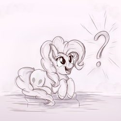 Size: 1024x1024 | Tagged: safe, artist:check3256, pinkie pie, earth pony, pony, cute, diapinkes, monochrome, prone, question mark, sketch, smiling, solo