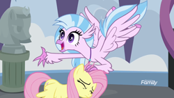 Size: 1920x1080 | Tagged: safe, screencap, fluttershy, silverstream, classical hippogriff, hippogriff, pegasus, pony, school daze, cute, diastreamies, discovery family logo, duo, eyes closed, jewelry, necklace