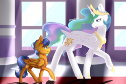 Size: 3000x2000 | Tagged: safe, artist:rcdesenhista, princess celestia, oc, oc:crushingvictory, alicorn, pegasus, pony, chatting, smiling, sun ray, talking, trotting, window, ych result