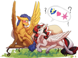 Size: 2350x1750 | Tagged: safe, artist:yuyusunshine, flash sentry, oc, oc:bridle timeout, pegasus, pony, blushing, implied flashlight, implied shipping, implied straight, shipper on deck, simple background, transparent background